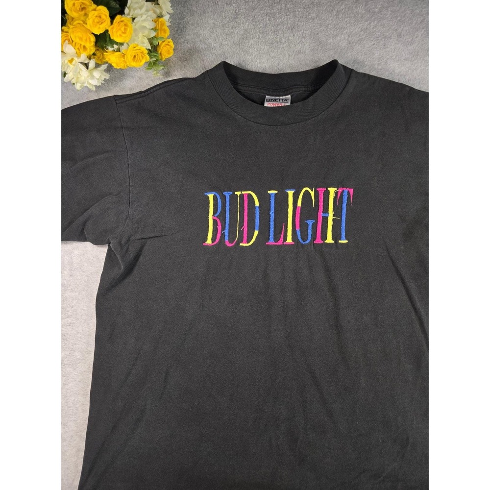 Vintage 90s Bud Light Embroidered T-Shirt Oneita Faded Black Mens Large USA‎